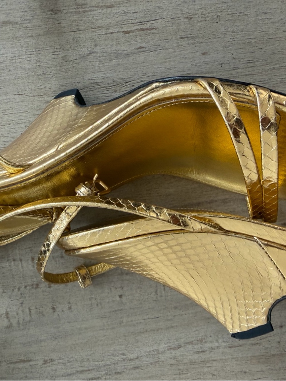 Almost New - Saint Laurent Metallic Gold Strappy Slide Sandals Heel Wedges - Picture 3 of 6